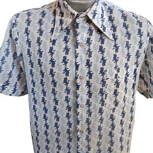 Vintage Men's Medium Shirt Disco 70s Le Mans Lion Print Button-Up Big Collar Ind